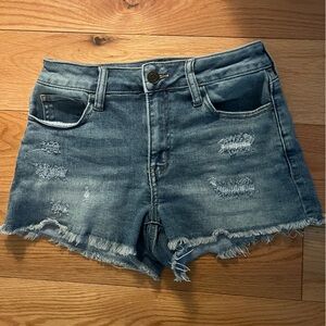 SO Distressed Denim Shorts - Blue, Soft, Stretchy, High-rise “shortie”.